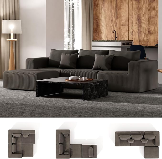 108‘’ L-Shaped Modular Sectional Couches for Living Room Bedroom, Oversized 3 Seater Sofa Boneless with Deep Seat, Ottoman No Assembly (Brown)
