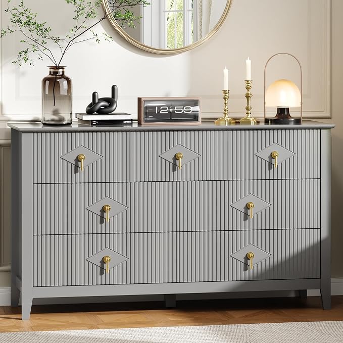 GarveeHome Fluted Dresser for Bedroom, 54 Inch Wide 7-Drawer Wood Dresser, Modern Chest of Drawers, Storage Organizer Cabinet for Living Room, Hallway, Entryway, Grey by GarveeHome