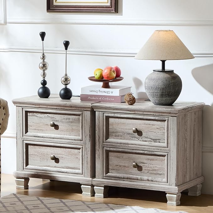 SAVOR LIFE Farmhouse Nightstand Set of 2 for Bedroom, Mid-Century Low Nightstands with 2 Drawers & Charging Station, Vintage Night Stands with 4 Square Solid Wood Legs, Small Dresser for Home, Grey by SAVORLIFEFurniture