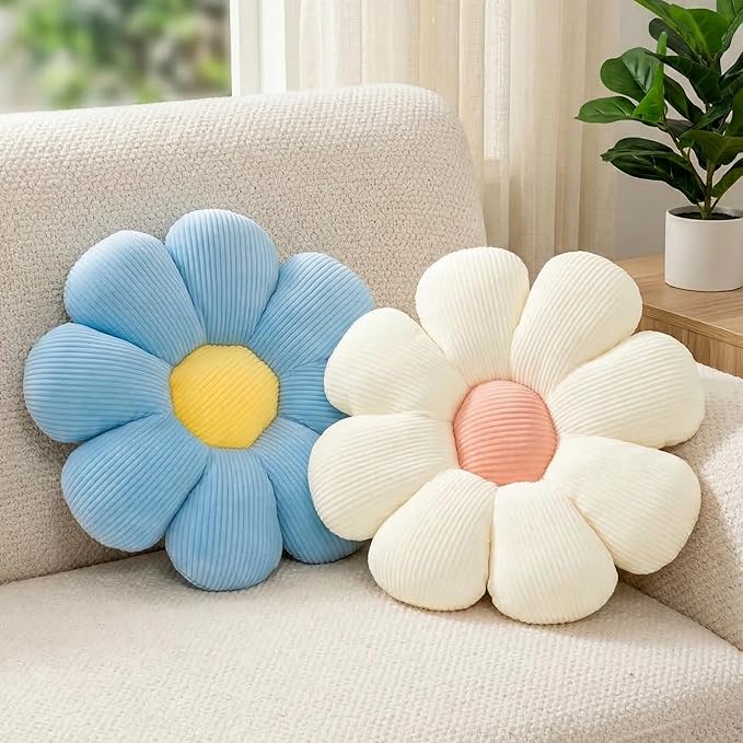 2 Pcs White Blue Flower Pillow Decorative Throw Pillows for Bed Couch Sofa Chair,15.35" Cute Aesthetic Flower Daisy Shaped Pillows Floor Cushions for Bedroom Room Classroom (White+Blue, 15.35 Inch)