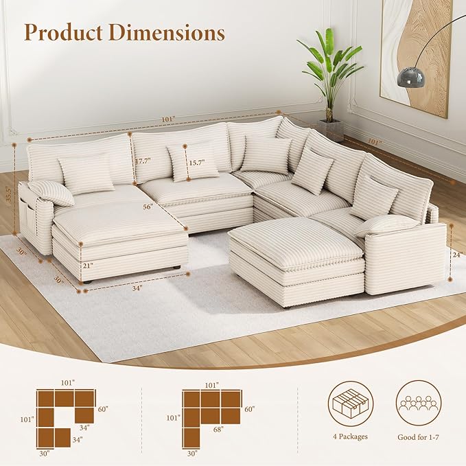 Vesgantti 101" V-Shaped Corner Couch Sectional, 7 Seat Customizable Modular Cloud Couches with Movable Ottoman, Corduroy Deep Seat Sofa Set with Chaise for Living Room, Bedroom and Apartment, Beige