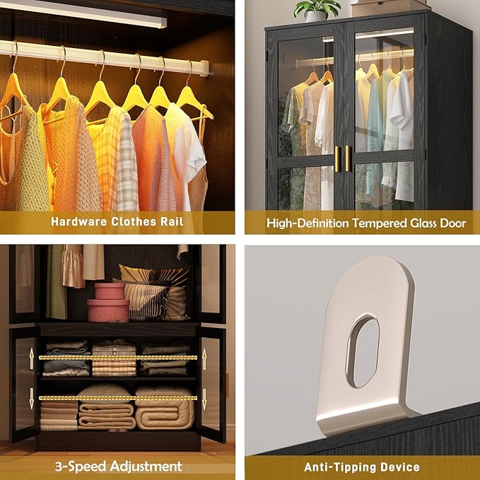 chartustriable 2 Doors Armoire Wardrobe Closet with LED,71" H Freestanding Wooden Wardrobe Closet Cabinet for Bedroom,Wooden Clothing Storage Cabinet with Hanging Rod,Closets for Bedroom(Black)