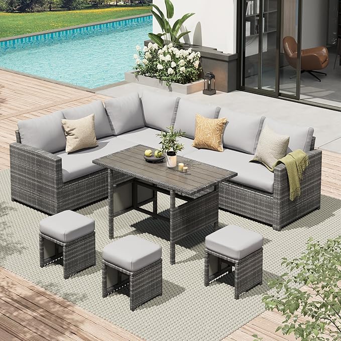 AECOJOY Outdoor Patio Furniture Set, 7 Pieces Clearance Sectional Rattan Dining Table&Chairs, All Weather Wicker Conversation Sofa Couch with Ottoman, Light Grey Cushions&Grey Rattan