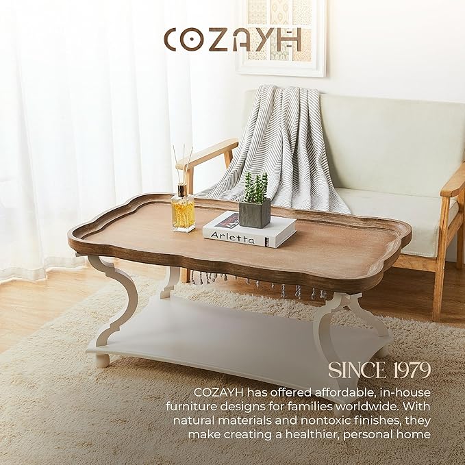 COZAYH Rustic Farmhouse Cottagecore Coffee Table, Natural Tray Top Sofa Table for Family, Dining or Living Room, Small Spaces, Handcrafted Finish, Modern