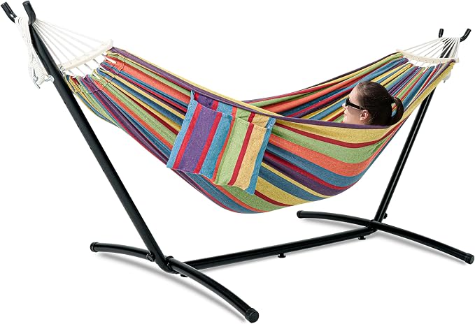 GAFETE Double Hammock with Stand for Outside, Upgraded Spreader Bar, Heavy Duty Space Saving Steel Stand 2 Person, Side Pockets, Easy Assembly, 600lbs Weight Capacity, Indoor & Outdoor (Classic Red) by GafeteOutdoorLiving