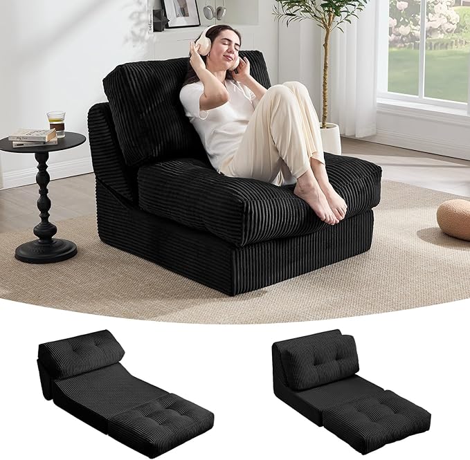 Tbfit Convertible Sleeper Chair, Adjustable Folding Sofa Bed with Large Pillow, Corduroy Folding Couch Bed, Portable & Foldable Mattress Boneless Floor Sofa for Living Room, RV, Office, Black, Single