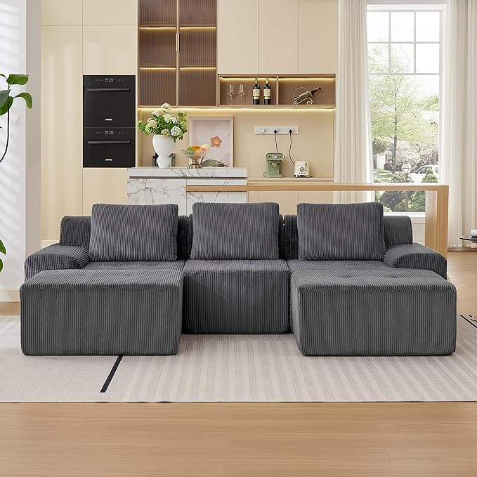 Modular Sectional Sofa, 6 Seat Modular Couch, Modular Sofa with Deep Seat and Detachable Pillow (Grey, 5 Pieces-U Shape)