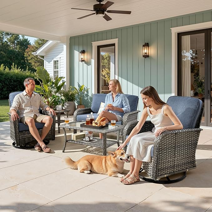Weaxty Wicker Patio Furniture Set with Swivel Rocker Chairs Outdoor Loveseat Sofa and Rattan Coffee Table, 5 Pieces Outdoor Conversation Sets for Patio Porch Deck Backyard Poolside, Denim Blue