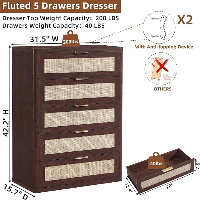 LEYAOYAO Rattan Dresser for Bedroom Set 2, 41" Tall Chest of Drawers, Modern 5 Drawers Boho Dressers with Storage, Light Oak Dresser Wooden Closet Organizer for Living Room, Hallway, Retro Walnut - Image 7