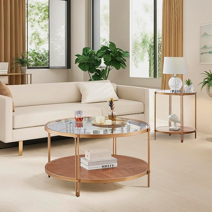 32in Round Wood Coffee Tables with Glass Top ＆ Metal Leg, 2 Tier Circle Coffee Table for Living Room,Wooden Coffee Tables,Easy Assembly (Only Coffee Table, 32" Dx32 Wx18 H, Gold)
