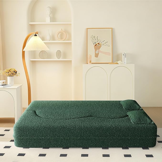 78" Convertible Sofa Bed, 2-in-1 Folding Floor Couch with 2 Pillows, Sleeper Sofa for Living Room and Bedroom, No Assembly Required (Green, Teddy Fabric)