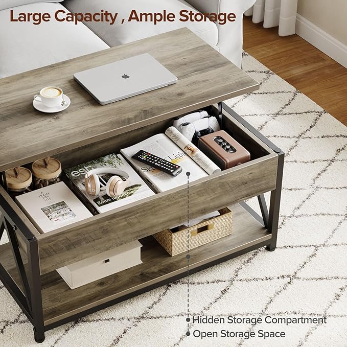 Lift Top Coffee Table,Lift Coffee Tables with Storage Shelf and Large Hidden Compartment for Living Room,Lift Tabletop Dining Center Table for Small Space, Grey