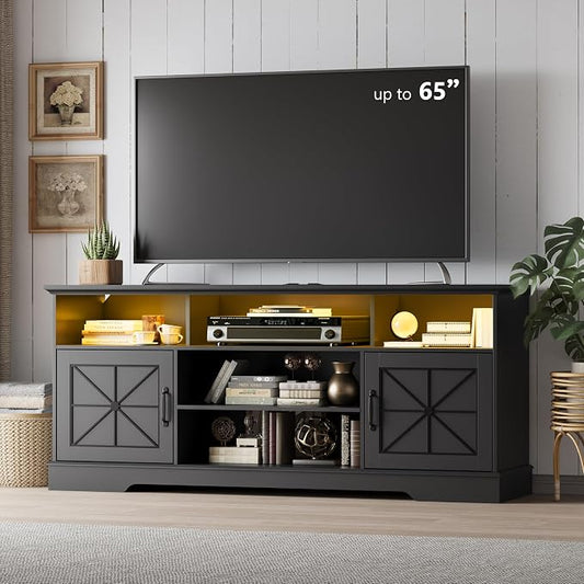 Xixini Farmhouse TV Stand for 65/60/55 Inch Tvs, Rustic Entertainment Center with LED Lights and Power Outlets, Modern Media Console Table, Wood Television Furniture for Living Room, Bedroom, Black by Xixini