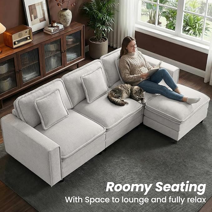 Modular Sectional Sofa 107", Comfy Cloud Couch with Ottoman, Deep 4-Seat L Shaped Modular Sofa, Couches with Throw Pillows for Living Room, Beige