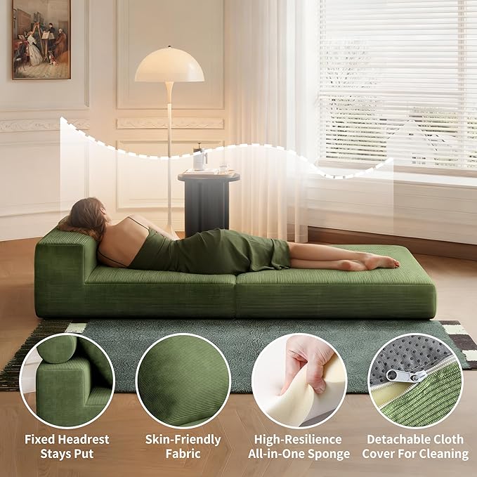 Folding Sofa Bed, 3-in-1 Convertible Sleeper Chair Bed with Pillows, Foldable Floor Couch with High-Density Foam, Futon Small Boneless Couch for Living Room Bedroom Lounge, Single, Green