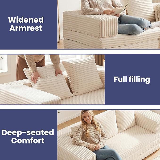 Convertible Sofa Bed Couch, 78’’ Oversized 4-in-1 Boneless Couches with Removable Armrests Backrest, Corduroy Futon Sofa Bed, Foldable Mattress Sleeper Sofa for Living Room Bedroom (Beige)