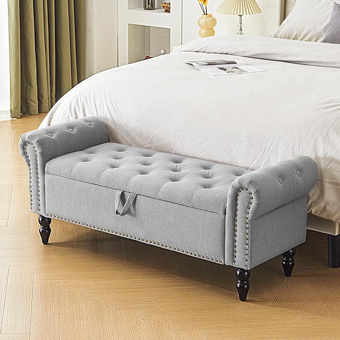 Furnimart Storage Ottoman Bench for Queen Size Bed, Faux Linen Upholstered Storage Bench Accent Bench with Rolled Arms for Bedroom,Living Room, Entryway, 2.5Cubic Feet by FurnimartFurniture