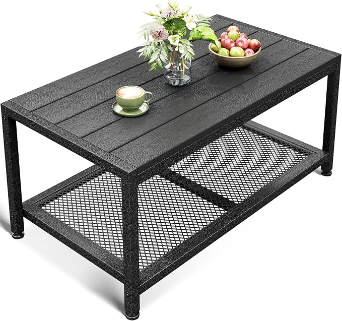 ODK Outdoor Coffee Table with Double-Layer Storage, Rectangle Weather-Resistant Patio Coffee Table for Garden, Balcony, Hot Tub, Poolside, Heavy-Duty Metal Frame, Black by ODK