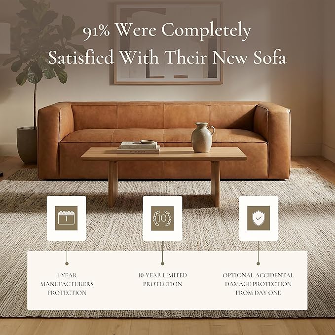 Poly & BARK Piazza 95” Leather Sofa in Saddle Tan – Full‑Grain Pure‑Aniline Italian Leather, Low Profile Frame, Raw Seam Detailing, Soft Tufted Cushions – Rustic Modern Centerpiece for Living Spaces