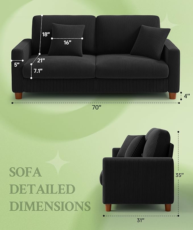 70.2" Couches for Living Room, Comfy Black Couch 7.1" Extra Thick Cushion, Sofas for Living Room Tool-Free Setup, Loveseat Sofa 705lbs Support, Corduroy Couch for Bedroom, Apartment, Office
