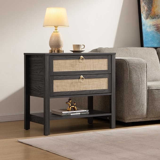 SICOTAS Night Stand with Drawers and Storage Shelf - Large Nightstands Rattan Decor Boho Bedside Table Narrow Side Table for Bedroom, Small Space - Image 8