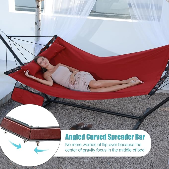 TegerDeger 12FT 2 Person Hammock Large Hammock 450LB Capacity Hardwood Spreader Bar & Nylon Rope for Outside, Patio, Garden, Backyard, Beach, Poolside - Red - Image 3
