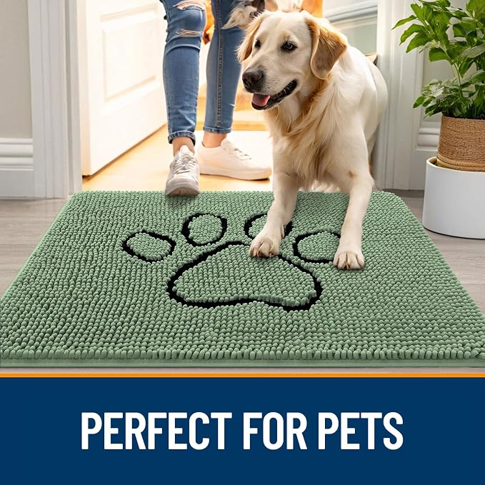 OLANLY Dog Door Mat for Muddy Paws 30x20, Paw Print Design, Absorbs Moisture and Dirt, Absorbent Non-Slip Washable Doormat, Quick Dry Chenille Mud Mat, Entry Indoor Entryway Carpet, Olive Green - Image 6