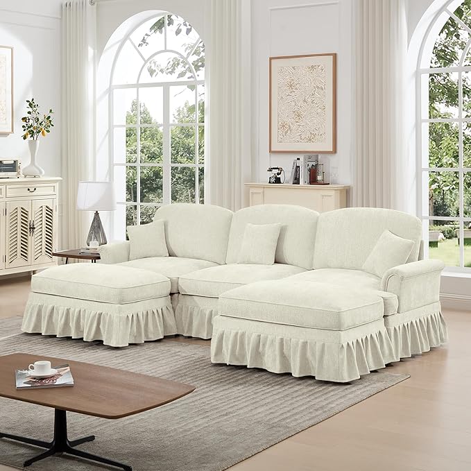 KEIKI Mid Century Modular Sofa with Flared Arms and Skirted Design, 107” Oversized 3-Seater with 2 Ottomans Chenille Sectional Couches for Living Room, Chaise Lounge Indoor Furniture, Beige White