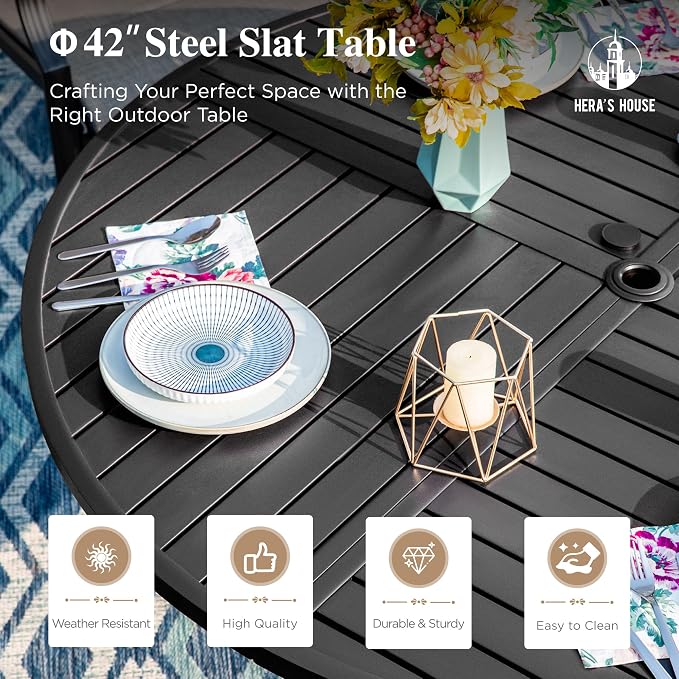 HERA'S HOUSE 5 Pieces Patio Table and Chairs Set, Outdoor Dining Furniture for 4, 42" Black Metal Round Dining Table with Umbrella Hole, 4 x Blue Textilene Chairs for Lawn Garden Backyard Deck - Image 5