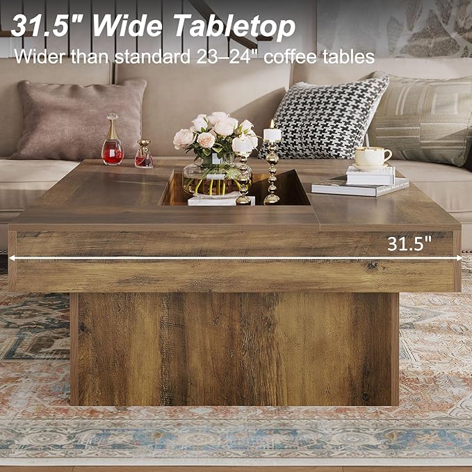 LVB Coffee Table, Modern Wood Led Living Room Table with Storage, Farmhouse Large Rectangle Center Table with LED Light, Unique Wide Low Tea Table for Living Room Home Office, 47.24 in, Rustic Oak
