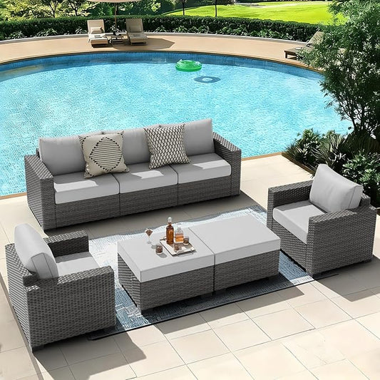ABCASA 7-Piece Patio Furniture Set | Indoor Comfort for Outdoor Living | Weather-Resistant Wicker & Ultra-Thick Cushions | Grey Patio Conversation Set for Deck, Porch, Poolside