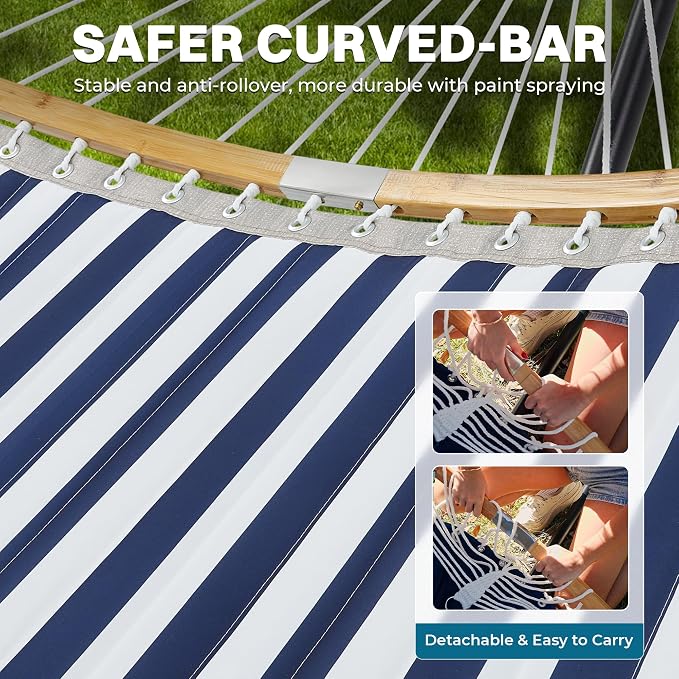 SUPERJARE Curved-Bar Hammock with Stand, 2 Person Heavy Duty Hammock Frame, Detachable Pillow & Portable Carrying Bag, Perfect for Outdoor & Indoor, Denim Blue with White Stripes - Image 7