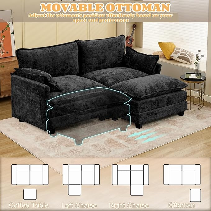 Modular Sectional Cloud Couch, 78" L Shaped Sectional Comfy Couchs for Living Room, 2 Seat Convertible Modular Sofa Couch with Ottomans for Living Room, Apartment, Black