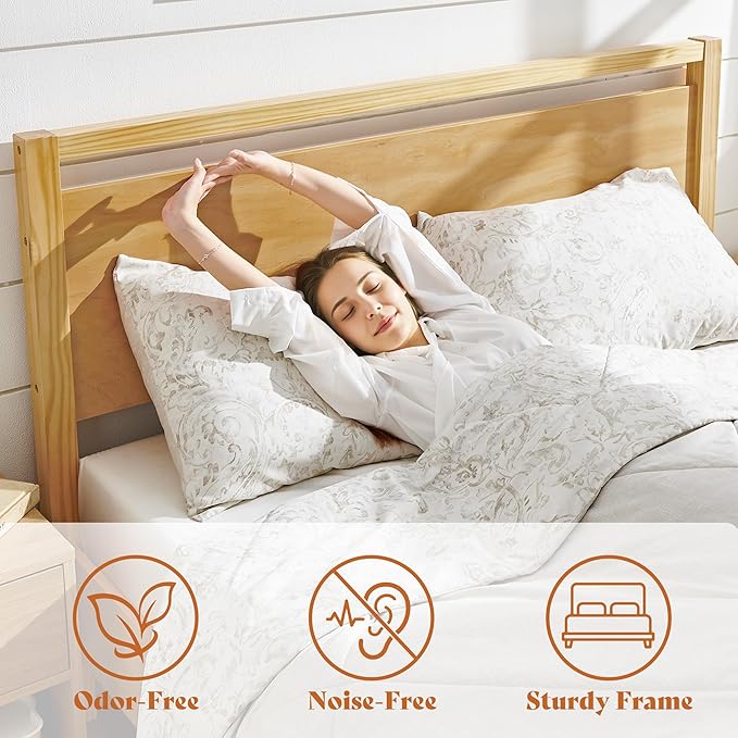 AMERLIFE 3 Pieces Solid Wood Bedroom Set, Queen Platform Bed Frame with Headboard and Fully Assembled Nightstand Set of 2 with Storage Drawer, Modern Bedroom Furniture Set, Natural