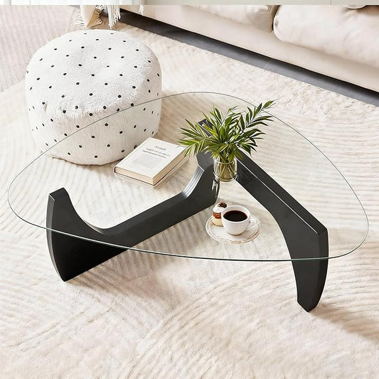 Black Coffee Table for Living Room, Small Coffee Tables, Mid Century Modern Coffee Table with Glass Top, Funky Unique Center Tables for Bedroom Reception Office