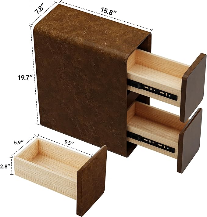 7.8" W Faux Leather Narrow Nightstand, Modern Fully-Assembled Bedside Table with 2 Drawers, Wood Night Stand Small Accent End Table & Side Table for Bedroom, Brown - Image 2