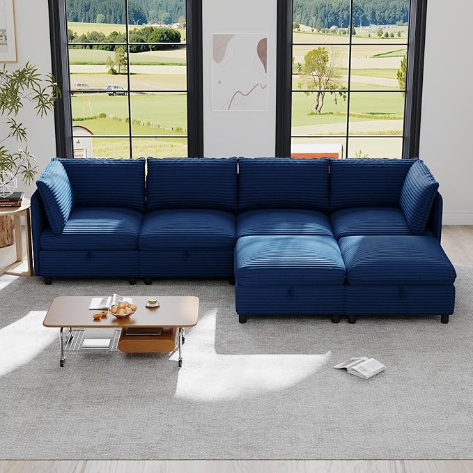 ERYE Modern Modular Storage Sectional Sofa, U/L Shaped Corduroy Modular Sofa Couch W/Movable Ottoman & Seat, 6 Seater Corduroy Upholstered Sofa Couch for Living Room