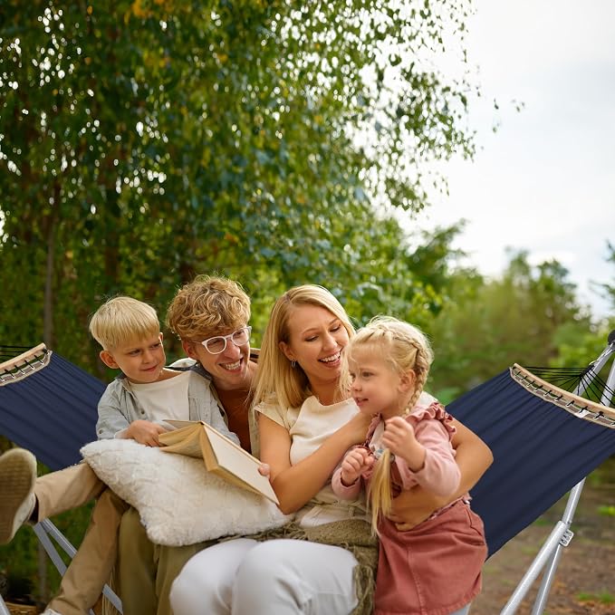 Tranquillo Ultimate Relaxation Portable Hammock Stand, Foldable Hammock Stand with Canvas Hammock, Spreader Bar, Quick Fold Unfold in 30 Seconds Steel Frame Hammock 600 lbs Capacity, White/Navy - Image 9