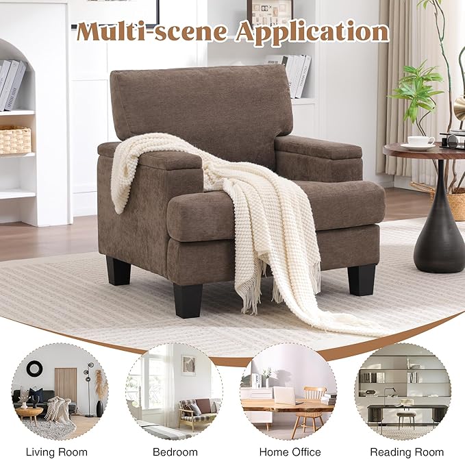 Accent Chair with Storage Armrest, Modern Upholstered Living Room Chairs, Comfy Large Armchair, Fabric Single Sofa ReadingChair for Bedroom, Dark Brown