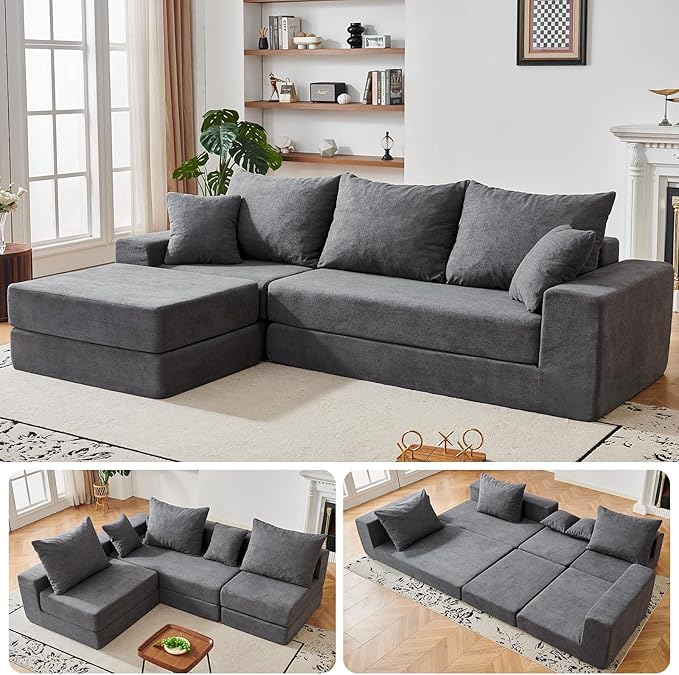 108'' Modular Sectional Couch, Modern 3-Seater Boneless Cloud Sleeper Sofa, L-Shaped Convertible Sectional with Non-Slip Bottom, No Assembly Required, Deep Seats Couch for Living Room, Grey