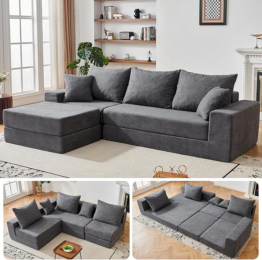 108'' Modular Sectional Couch, Modern 3-Seater Boneless Cloud Sleeper Sofa, L-Shaped Convertible Sectional with Non-Slip Bottom, No Assembly Required, Deep Seats Couch for Living Room, Grey