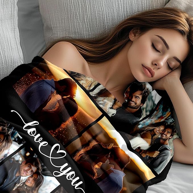 Personalized Photo Blanket with Name, Custom Valentine's Blanket with Pictures for Boyfriend Girlfriend, Customized Birthday Christmas for Husband Wife Men Women