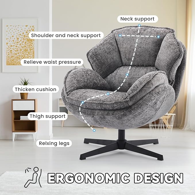 IWMH Swivel Accent Chair for Living Room, Upholstered Armchair with Metal Legs, Lounge Sofa Chair, Comfy Leisure Chairs for Bedroom Reading (Gray)