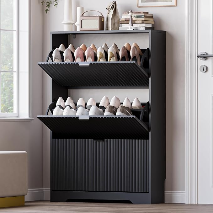 BORNOON Entryway Shoe Cabinet with 3 Flip Drawers, Narrow Shoe Organizer Cabinet with Fluted Panel and Adjustable Shelves for Foyer, Hallway by BORNOON