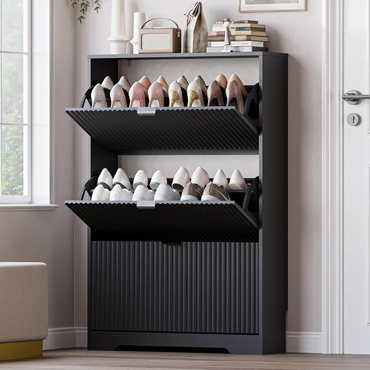 BORNOON Entryway Shoe Cabinet with 3 Flip Drawers, Narrow Shoe Organizer Cabinet with Fluted Panel and Adjustable Shelves for Foyer, Hallway by BORNOON
