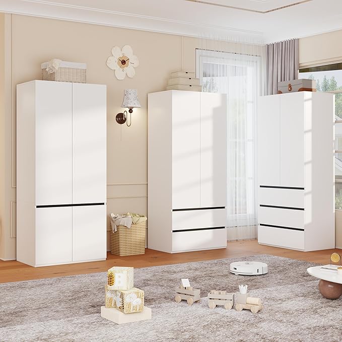 Large Wardrobe Closet with 8 Doors: 75" White Armoire with 8 Drawers, Wooden Wardrobe for Hanging Clothes, Tall Storage Cabinet with Shelves and Hanging Rod (A+A+A+A, 126")