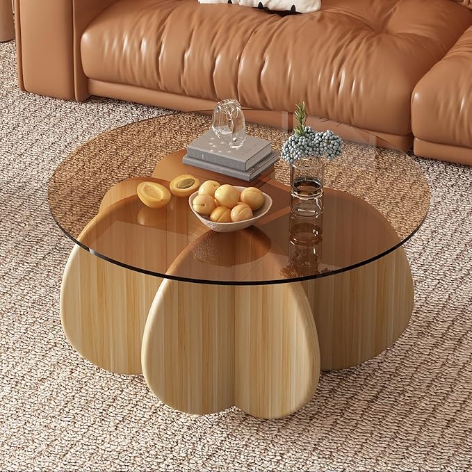 31.5'' Round Coffee Table with Tempered Glass Top, Modern Center Table for Small Spaces - Sturdy Walnut Board Frame, Simple Design for Living Room, Home, Office - Easy Assembly. (Walnut + Brown)