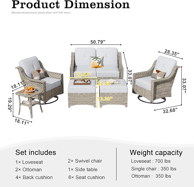 HOOOWOOO 6 Piece Patio Furniture Conversation Sets with Swivel Rocking Chairs,Outdoor Wicker Furniture with Ottoman,All Weather Resistant High Back Rattan Conversational Set(Light Grey Gray)