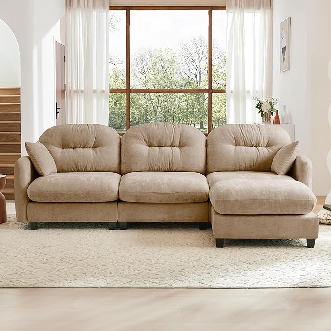 KEIKI 107" L-Shaped Oversized Chenille Modular Sectional Sofa with 1 Ottoman, High-Density Foam Cushions, Tufted Pleated Cushion Backrest, Modern 3-Seater Couch with 2 Pillow, for Living Room, Camel
