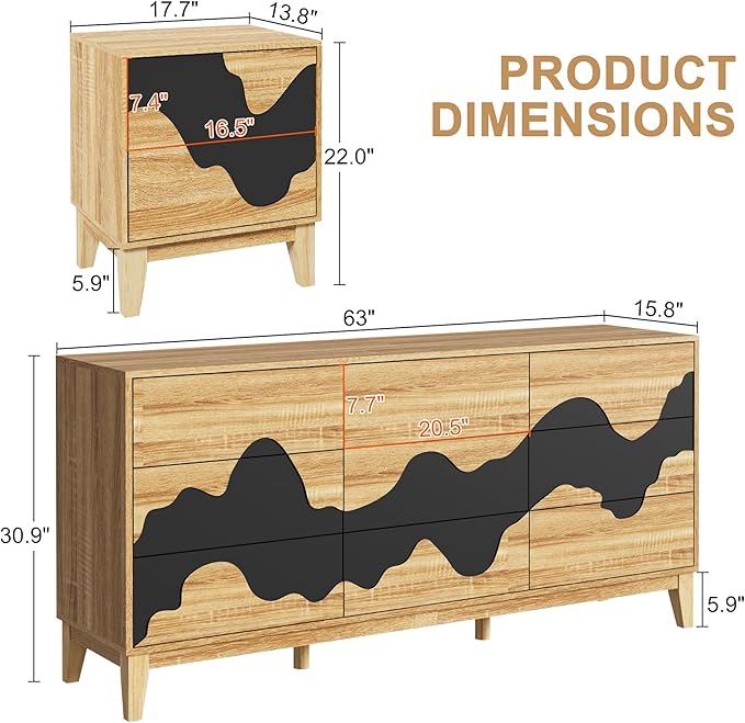 Anbuy Bedroom Sets 3 Pieces Bedroom Furniture Set Water Stream 9 Drawer Dresser and Night Stand Sets, Two Drawers Nightstand Set of 2 & 9 Drawer Dresser Combo (Natural)